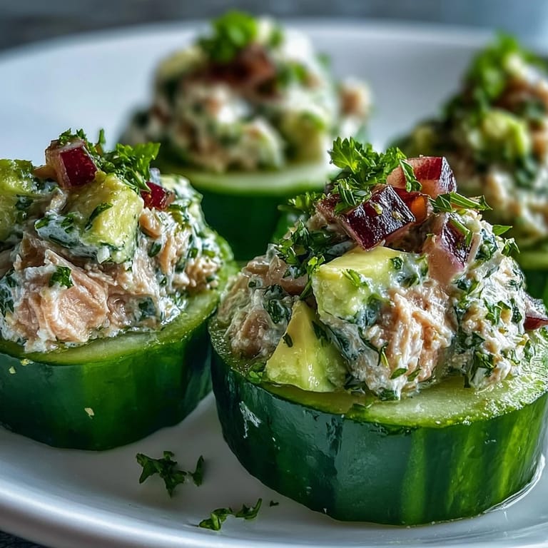 Bright overhead view of 10-Minute Tuna Avocado Cucumber Boats garnished with parsley, lemon juice, and olive oil on a rustic wooden table.
