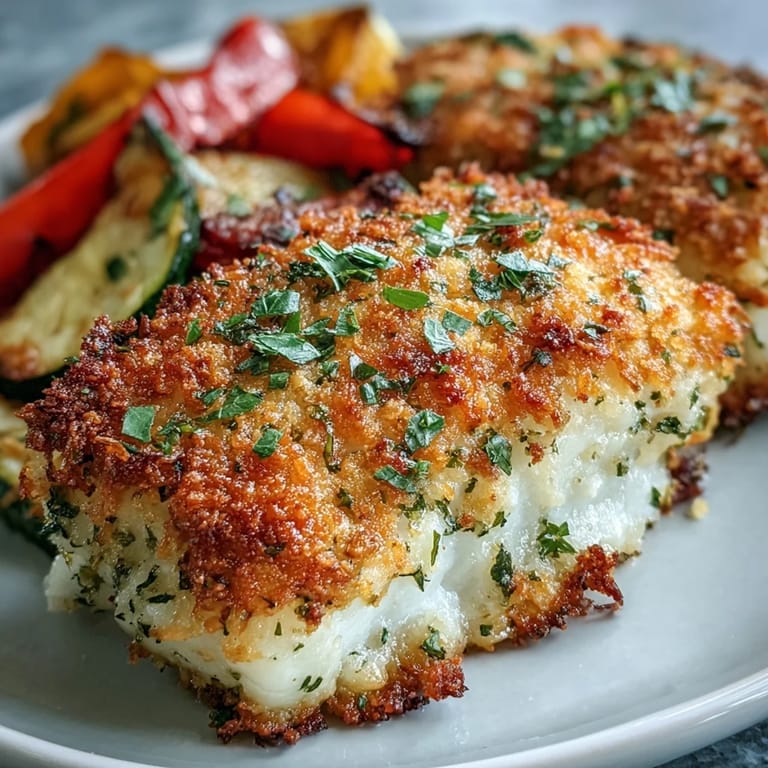 A close-up shows the flaky cod filet covered in a golden Asiago-parmesan-panko crust next to zucchini and bell peppers.