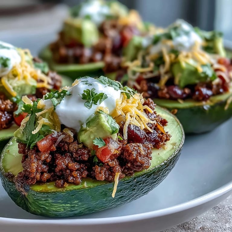 Keto Taco Stuffed Avocados garnished with cilantro and lime wedges, served on a rustic wooden board for a vibrant Mexican-inspired meal.