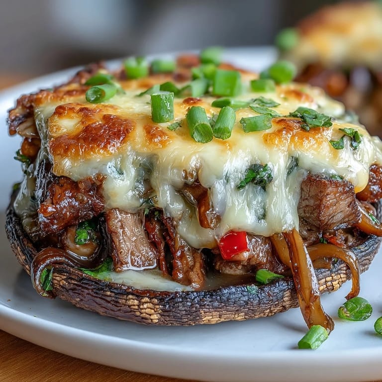 Juicy portobello caps loaded with thinly sliced steak, sautéed onions, peppers, and bubbling cheese—classic Philly flavors without the carbs.