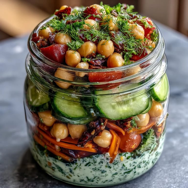 Colorful layers of crisp cucumber, cherry tomatoes, red onion, and chickpeas topped with bright citrus herb dressing for a healthy lunch.