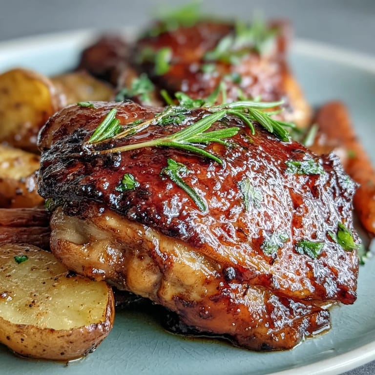 Roasted chicken thighs with honey mustard glaze and carrots on a sheet pan for a wholesome dinner.