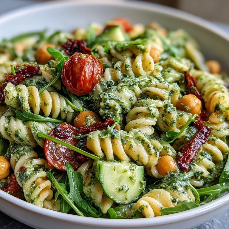 Bright cherry tomatoes, crisp cucumber, and peppery arugula add freshness to this vegan pesto pasta salad.