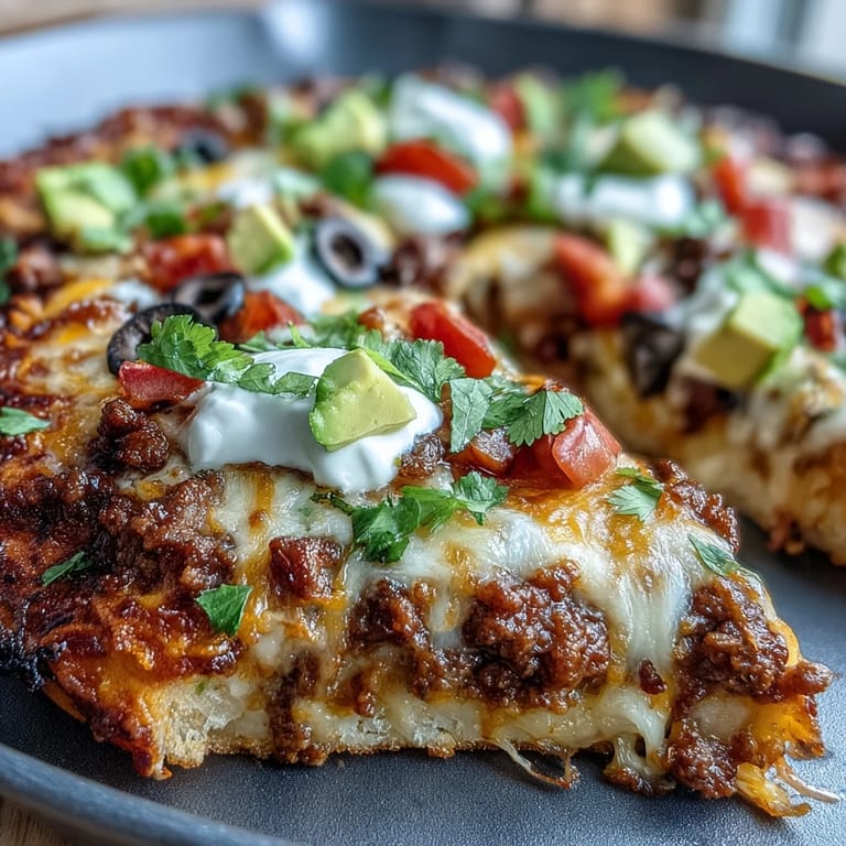 Crispy cheddar and mozzarella crust loaded with taco meat, olives, onions, and avocado in this keto-friendly pizza.