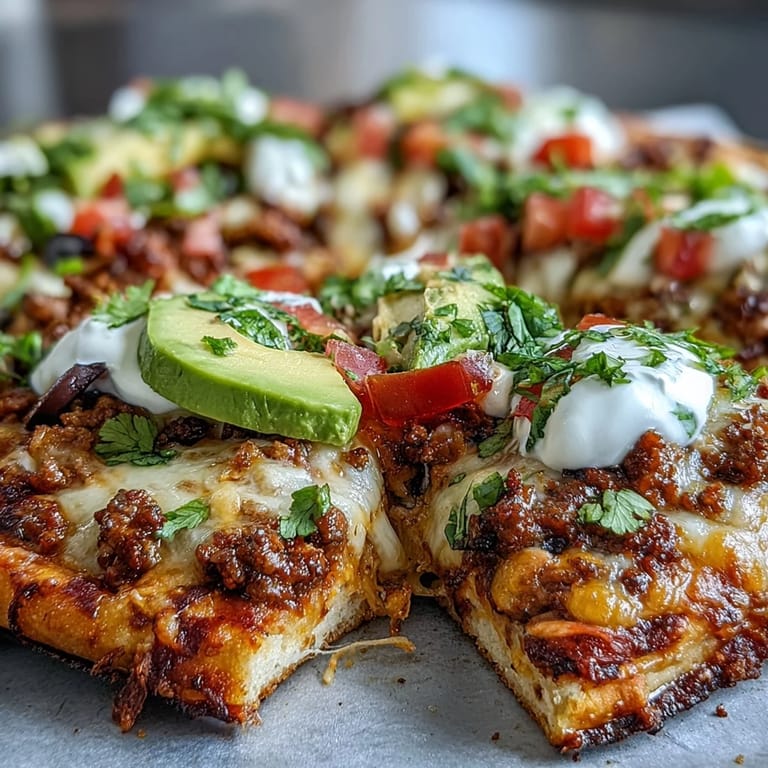 Golden cheese crust topped with taco-seasoned beef, lettuce, tomatoes, and sour cream for a low-carb pizza twist.