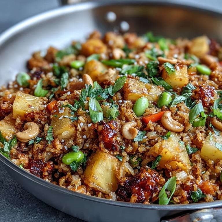 Vibrant Asian-inspired fried rice dish with riced cauliflower, sweet pineapple chunks, and protein-rich edamame in a savory tamari sauce.  