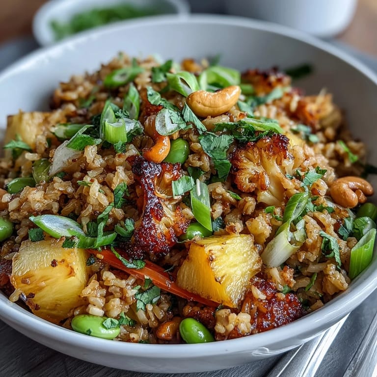 Healthy, low-carb vegan pineapple fried rice with cauliflower rice, red bell pepper, and edamame, garnished with fresh herbs and lime.
