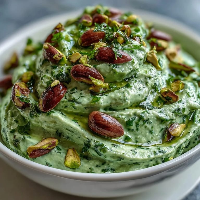 Homemade pistachio pesto spread on toasted crostini, topped with a fresh basil leaf and a drizzle of olive oil.