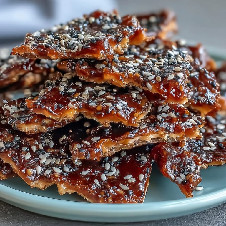 Toasted black sesame seeds in golden caramel brittle, offering a nutty crunch and sweet finish.  
