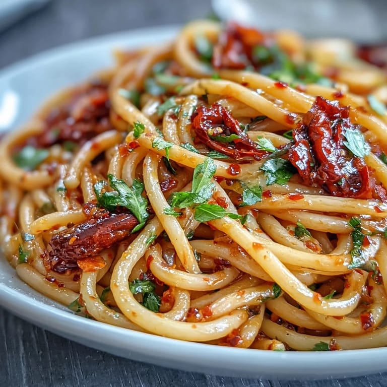 Vibrant Spicy Calabrian Chili Pasta served in a skillet, showcasing the rich red chili oil clinging to each strand of bucatini.