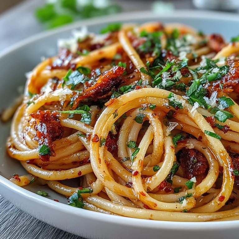 Bucatini pasta tossed in a bold Calabrian chili and anchovy sauce, topped with grated Pecorino Romano for a spicy Italian main dish.