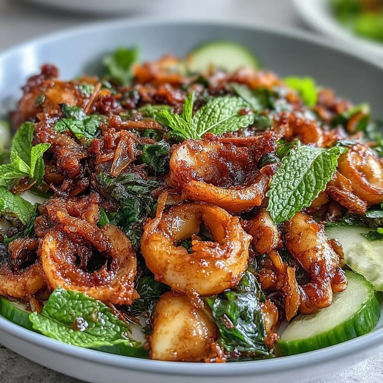 Asian-inspired chilli-lime squid salad with crispy shallots, colorful vegetables, and a bold citrus dressing for a light meal.