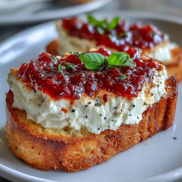 A vibrant appetizer featuring golden bruschetta topped with tangy goat cheese and a bold chili jam drizzle for a sweet-heat kick.  