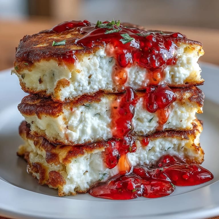 Protein-packed cottage cheese pancakes drizzled with luscious fresh strawberry syrup, perfect for a wholesome brunch.