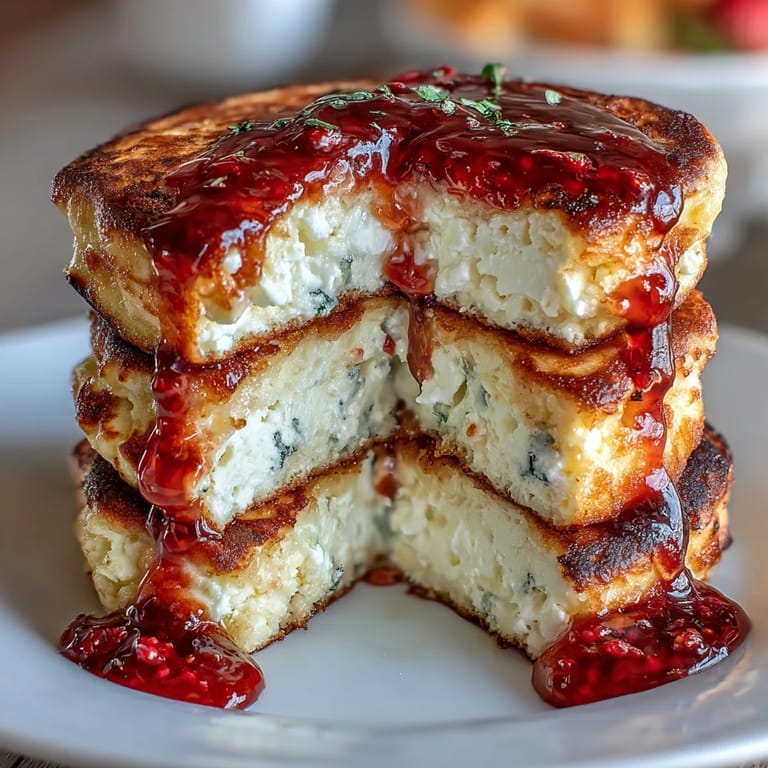 Golden pancakes made with cottage cheese, served with a homemade strawberry syrup bursting with natural sweetness.  