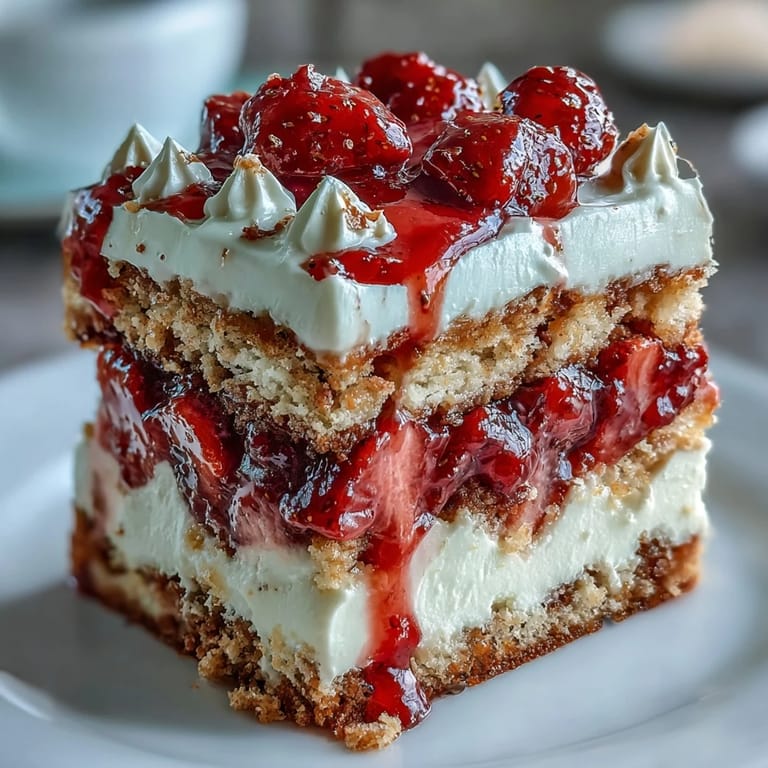 Romantic strawberry shortcake dessert with tender biscuits, bright berries, and rich homemade whipped topping.