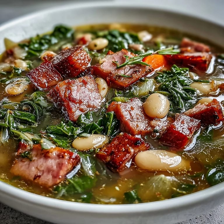 Hearty ham and kale white bean soup served with crusty bread, perfect for warming up on a cold winter evening.
