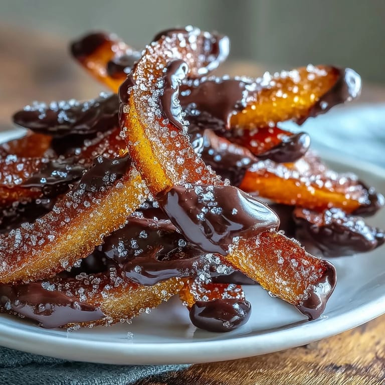 Gourmet candied orange peel luxuriously coated in rich dark chocolate, offering a delightful balance of citrus and cocoa flavors.