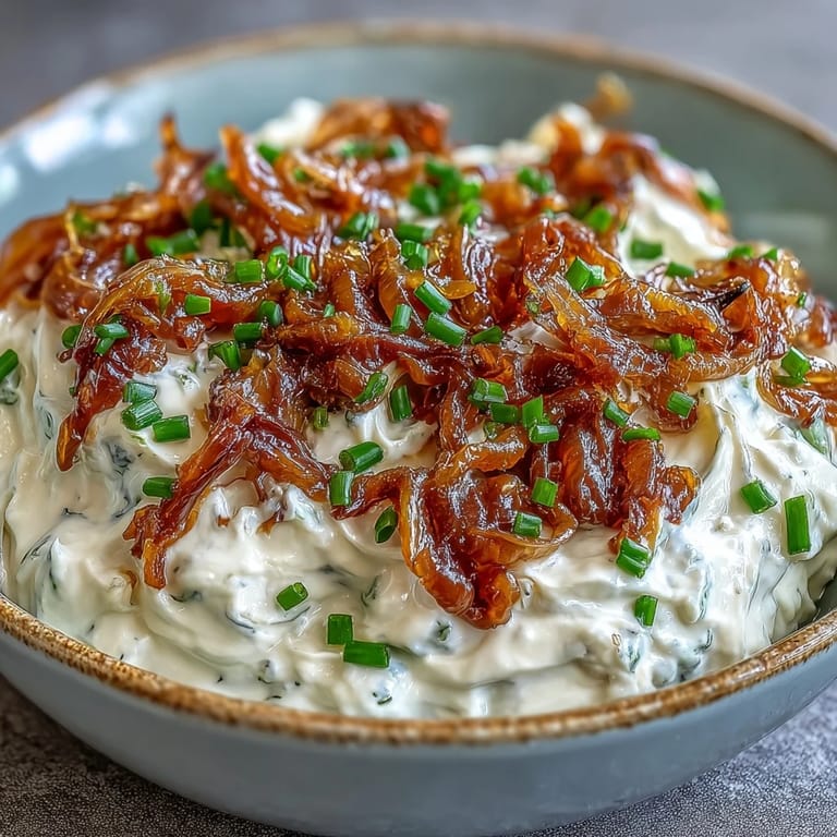 Golden caramelized onions folded into a smooth sour cream base with chives, creating an irresistible appetizer dip.