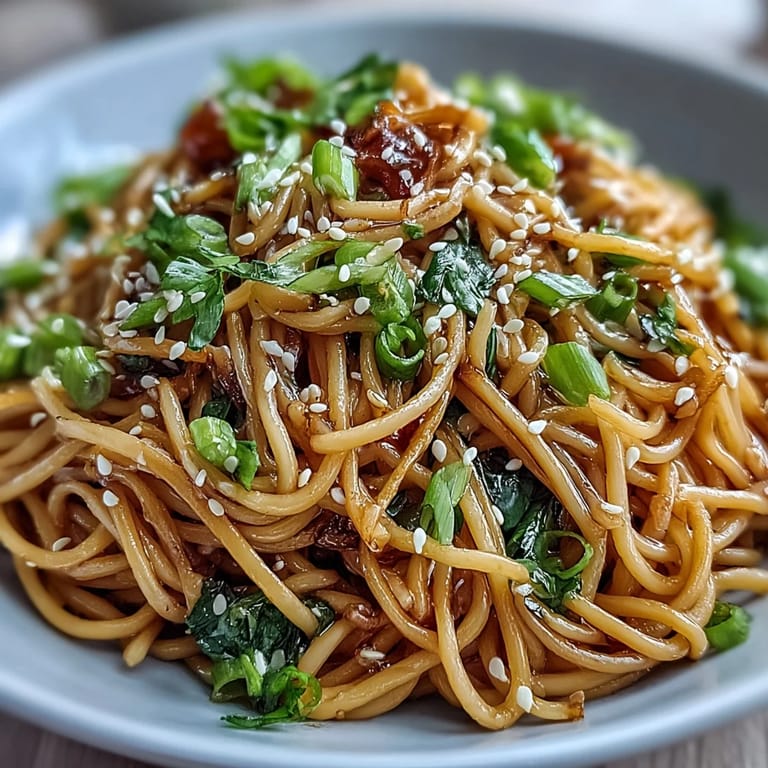 Flavorful ginger scallion noodles glazed with soy sauce, garnished with sesame seeds for a satisfying vegetarian meal.