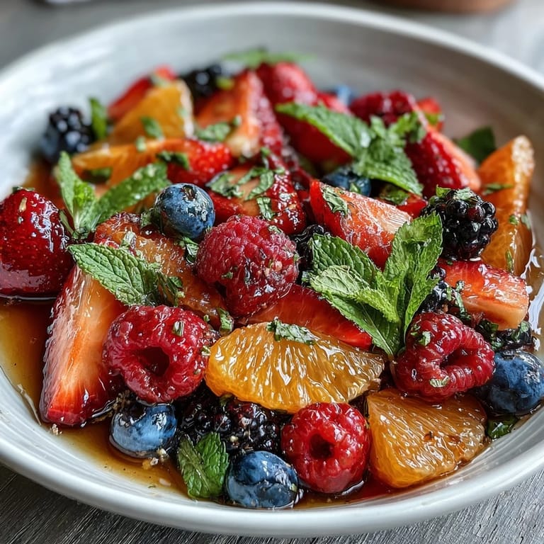 Refreshing Citrus and Berry Spring Fruit Salad with Mint, featuring a colorful mix of seasonal fruits lightly dressed with honey and citrus zest.  