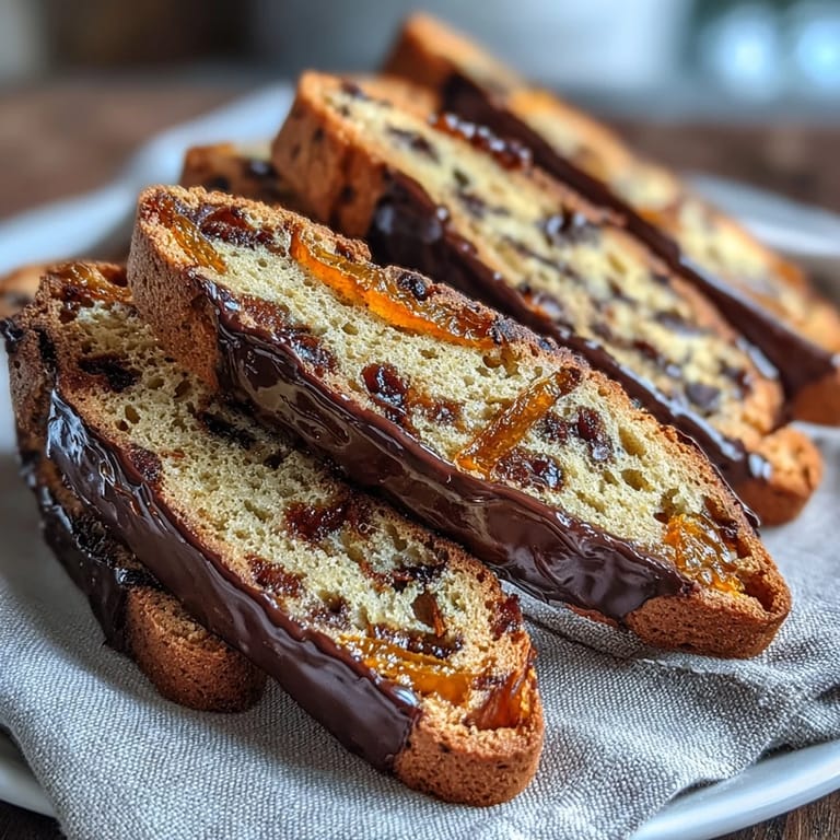 Crunchy Italian cookies featuring fragrant candied orange and rich dark chocolate, ideal for dessert wine or afternoon tea.  