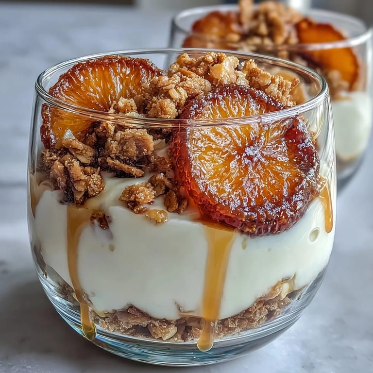 Creamy Greek yogurt layered with sweet candied orange slices and nutty granola for a refreshing breakfast treat.  