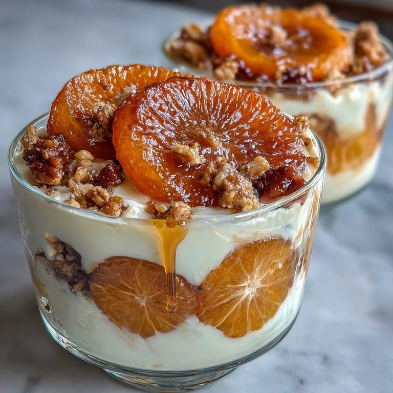 Bright orange slices and golden granola add crunch to this elegant yogurt parfait dessert or brunch dish.