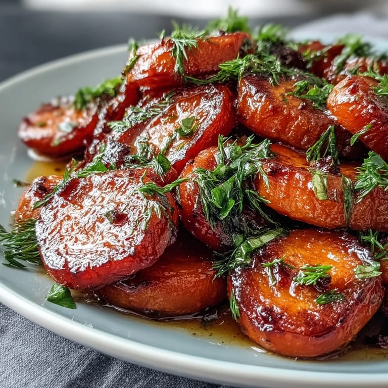 Sweet and tangy orange honey glazed carrots with fresh dill, creating a colorful and delicious vegetable side.