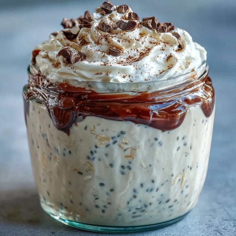 Layered vanilla bean frappuccino overnight oat jar with swirls of coffee, vanilla, and yogurt, garnished with cocoa nibs and a dusting of espresso powder.