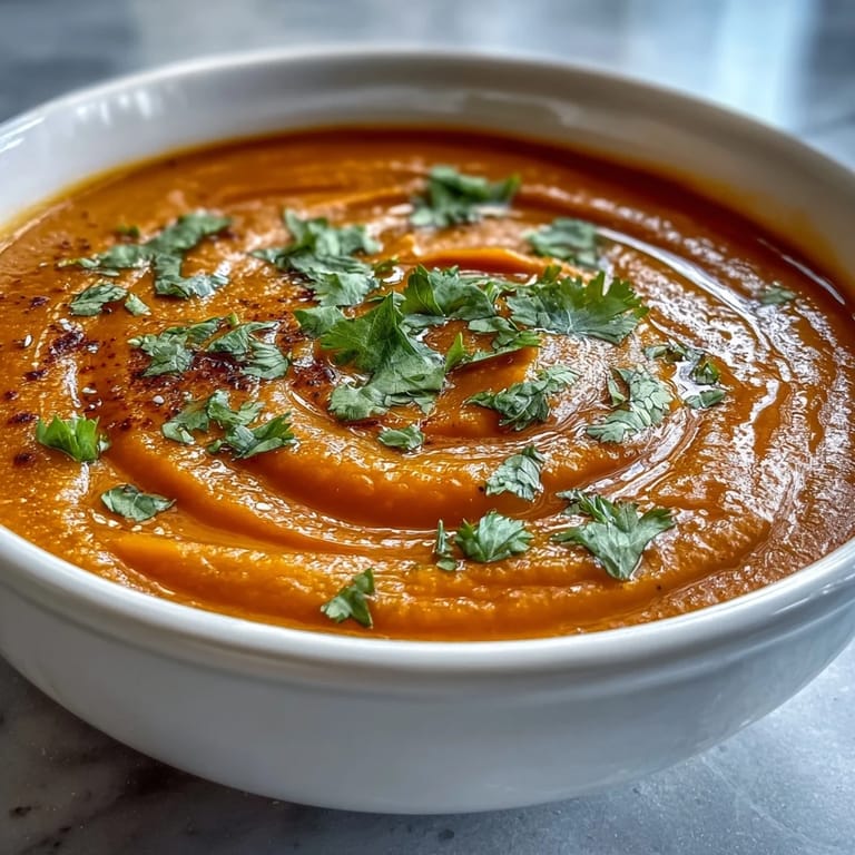 Creamy carrot and orange soup with a swirl of coconut milk, topped with fresh herbs and citrus zest for an aromatic finish.