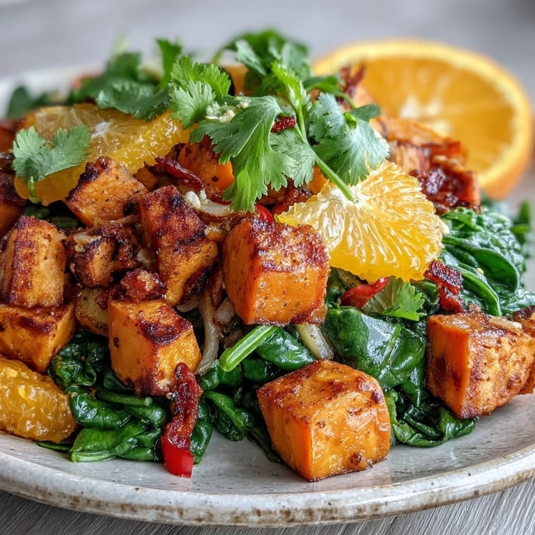 Vibrant vegetarian breakfast hash featuring tender sweet potatoes, juicy orange segments, and spinach baked to perfection.  