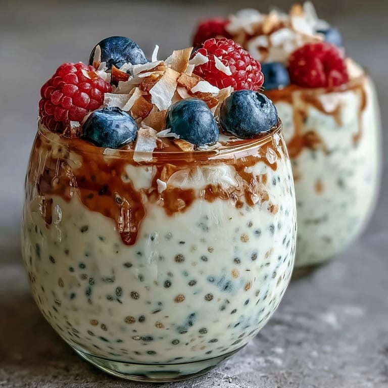 Creamy chia pudding made with Greek yogurt, vanilla bean, and almond milk, garnished with sliced banana and crunchy granola.