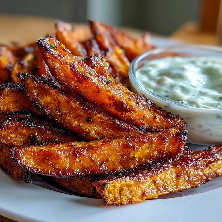 Air-fried sweet potato fries tossed in smoked paprika, served with zesty garlic aioli for a flavorful snack or side dish.  