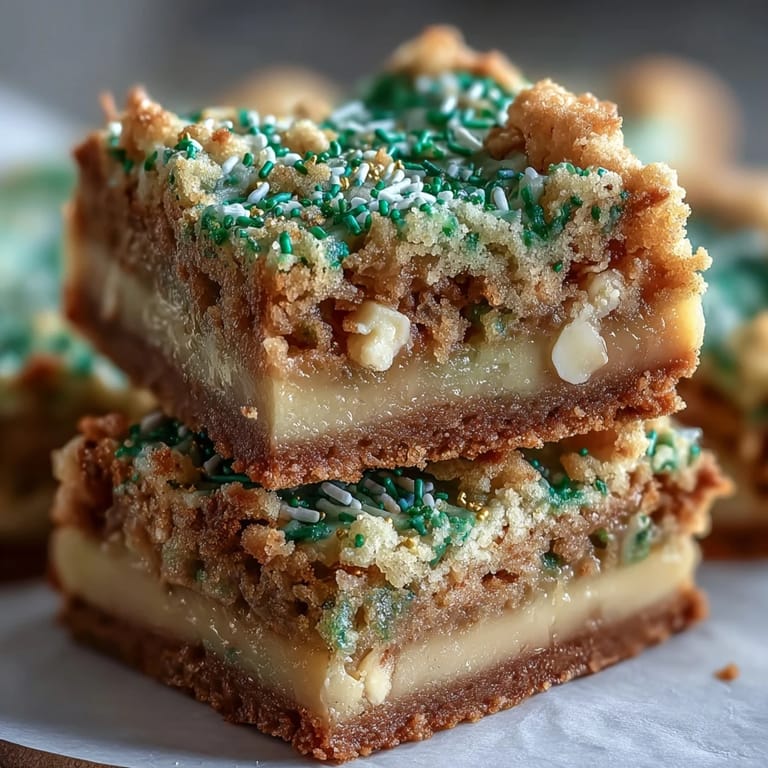Buttery St. Patrick's Day cookie bars filled with rainbow sprinkles and creamy white chocolate chips, a sweet treat for any party.