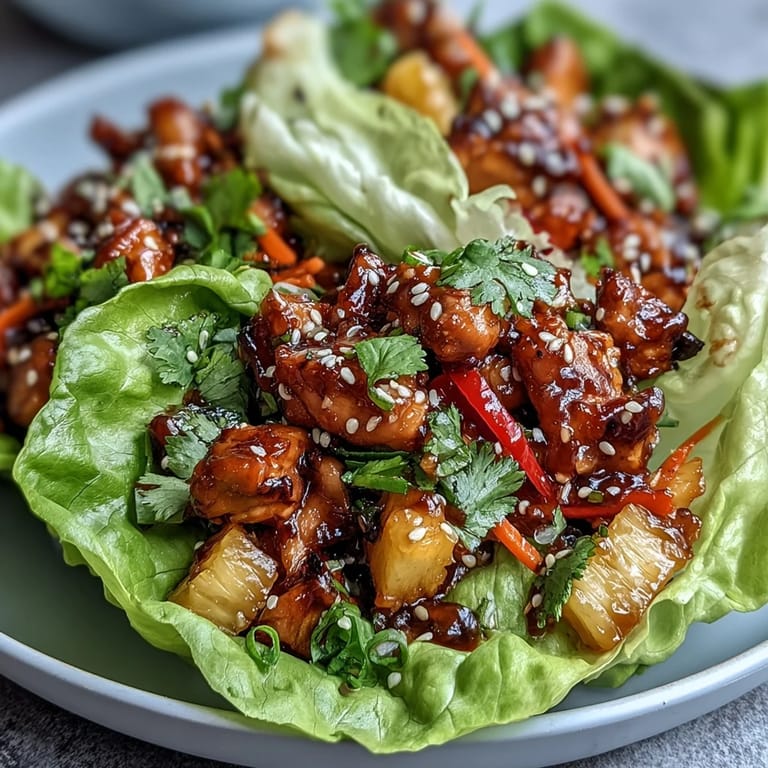 Colorful teriyaki chicken pineapple lettuce wraps with crunchy vegetables and fresh herbs in every bite.  