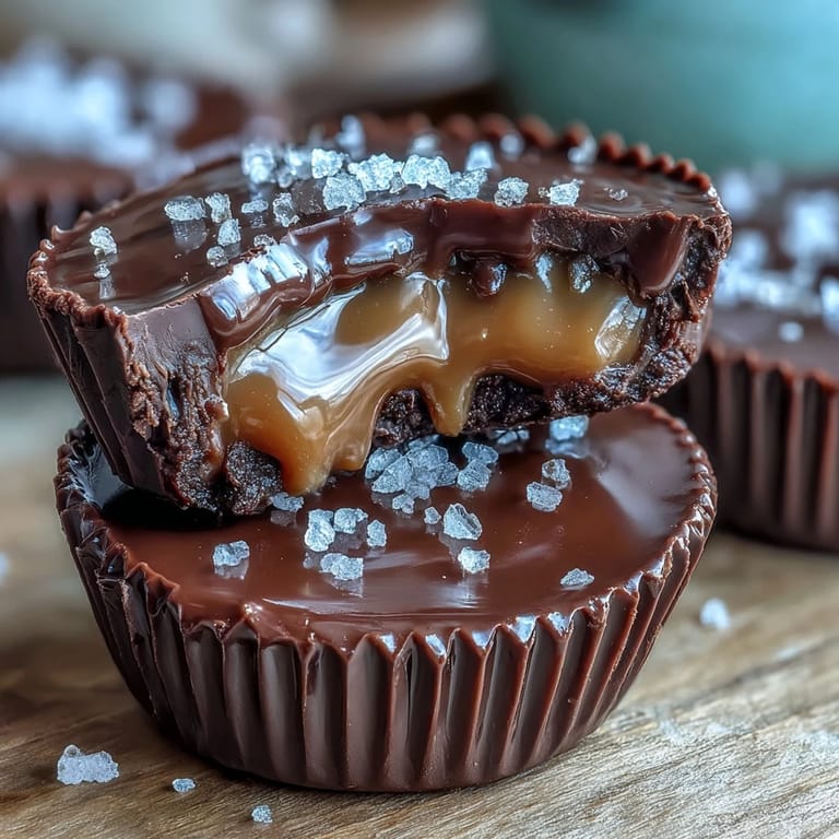 Homemade peanut butter cups filled with salted caramel, topped with melted chocolate and a touch of sea salt for a sweet-salty delight.
