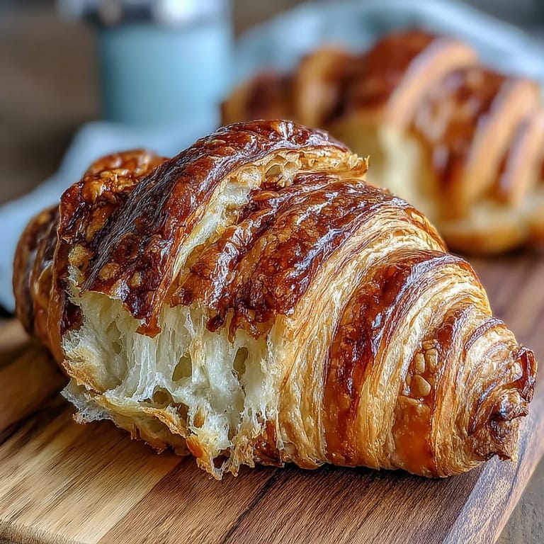 Buttery, tangy sourdough croissants with golden brown layers, baked until crisp and served fresh from the oven.