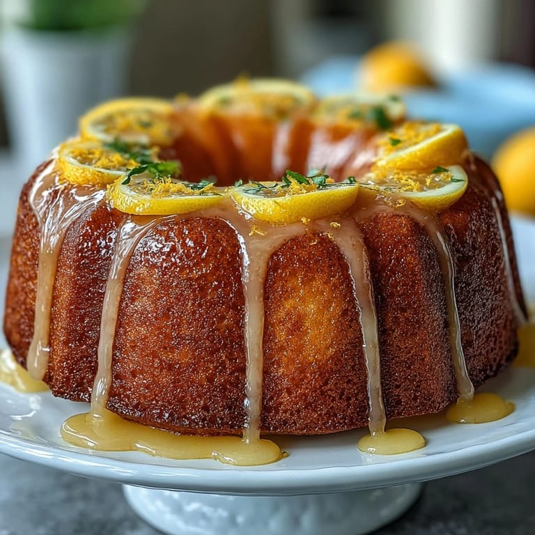 Slices of moist pound cake infused with citrus liqueur, topped with a glossy lemon drizzle and fresh zest.  