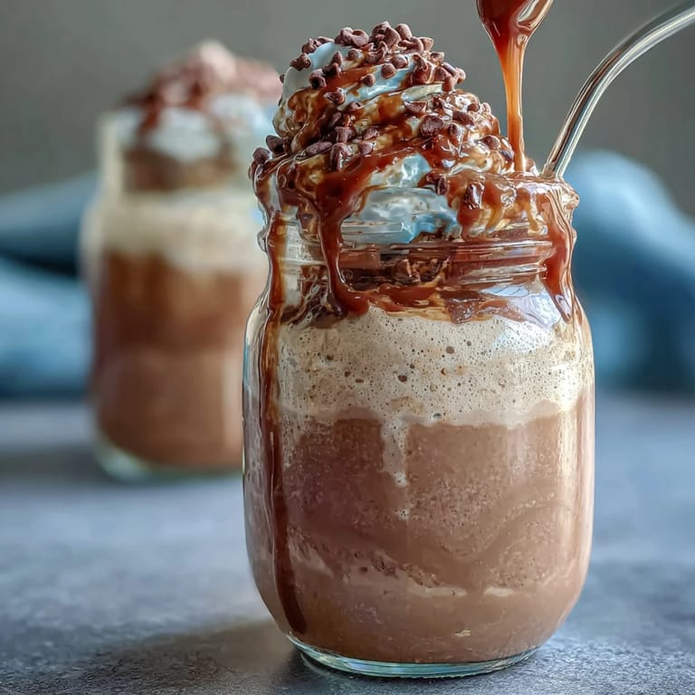 Decadent Vanilla Bean Frappuccino Overnight Oats Dessert Jar, featuring espresso-infused oats, vanilla bean yogurt, and a caramel drizzle for a café-inspired treat.