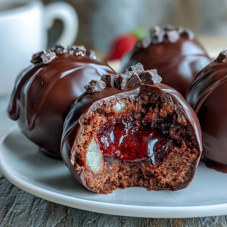 Decadent dark chocolate truffles with fresh strawberry purée and a shimmering gold dust finish, inspired by Dubai's opulence.