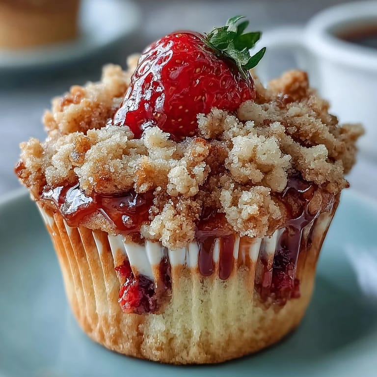 Homemade strawberry crumble muffins: soft, moist muffins packed with fresh fruit and finished with a sweet, cinnamon-spiced crumb topping.