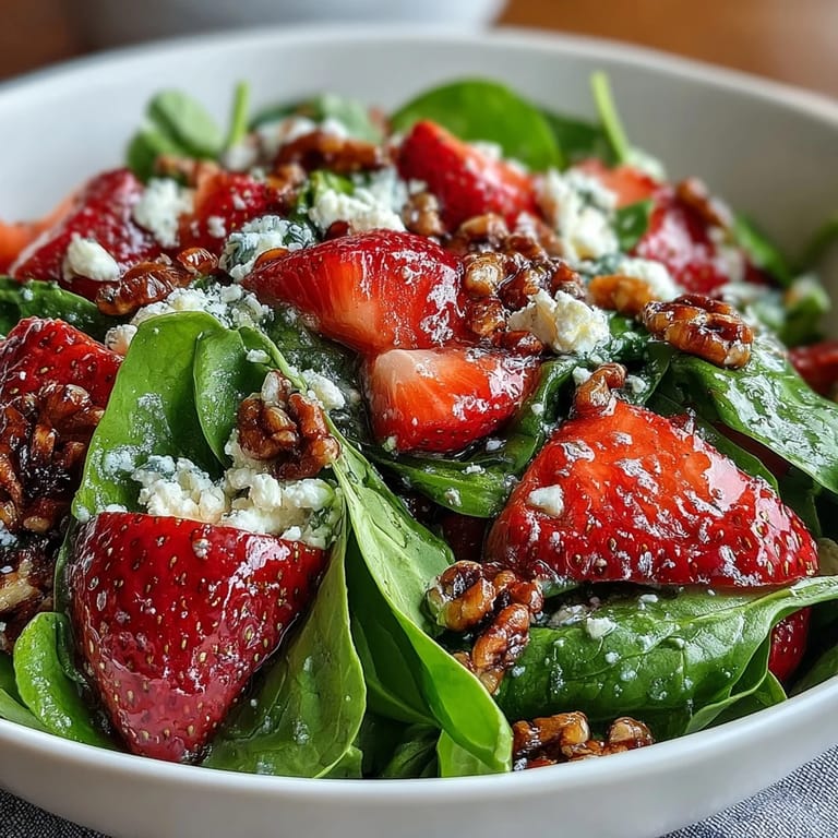 Bright and colorful strawberry spinach salad with poppy seed dressing, featuring juicy strawberries, baby spinach, and crunchy pecans.