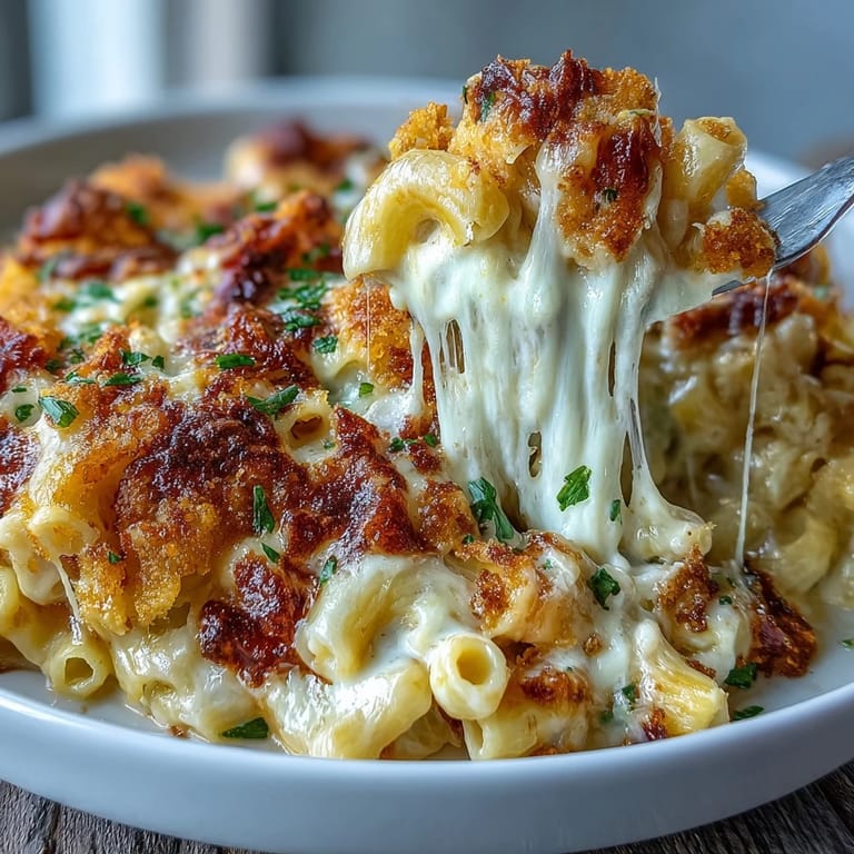 Rich Southern-style macaroni and cheese with bubbling cheddar and mozzarella, golden crust glistening under warm kitchen lights.