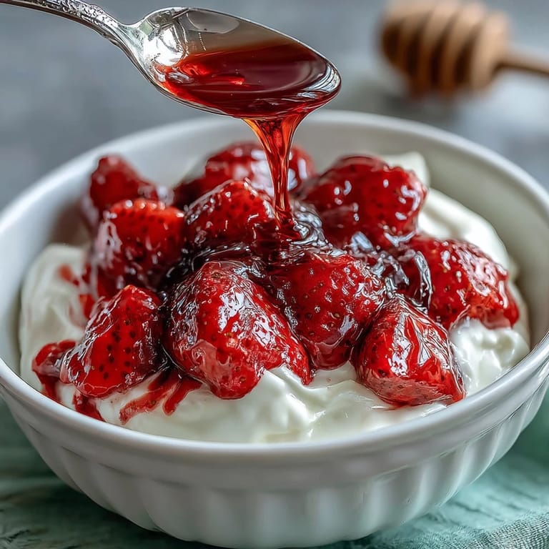 Chilled strawberry compote spooned onto Greek yogurt, perfect for a refreshing dessert or breakfast.