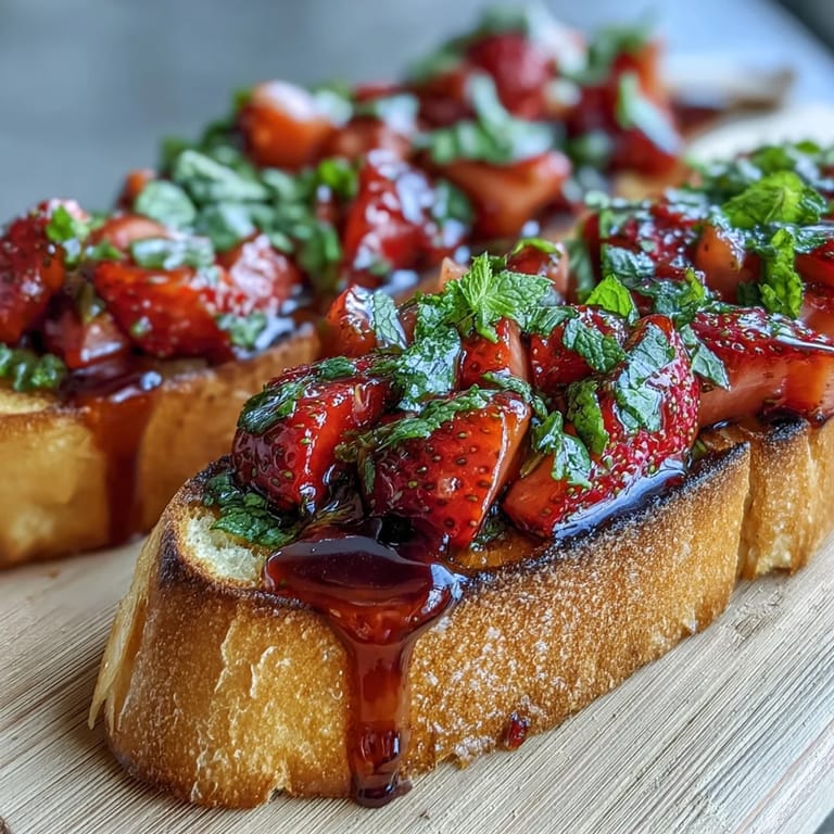 Vibrant strawberry and mint topping drizzled with tangy balsamic glaze, offering a refreshing twist on classic bruschetta for any occasion.  