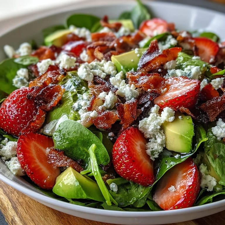 Spring Cobb Salad with Strawberries and Avocado, featuring a beautiful arrangement of crisp vegetables, hard-boiled eggs, and tangy feta, drizzled with balsamic dressing.
