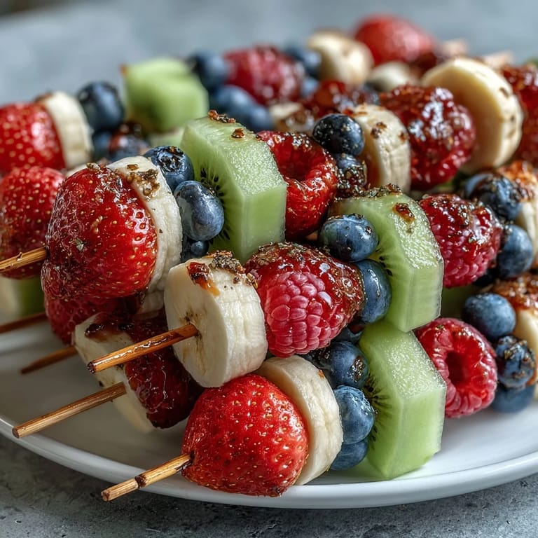 Festive Fourth of July fruit skewers featuring strawberries, bananas, and blueberries in a vibrant red, white, and blue display.