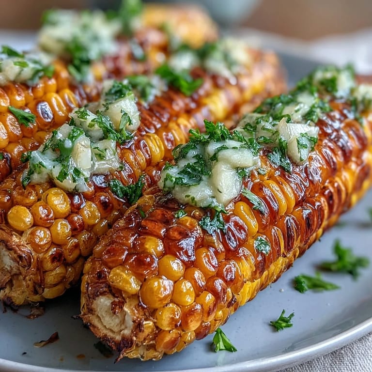 Microwave-cooked corn on the cob glistens with savory garlic butter and fresh parsley for a simple, satisfying side.