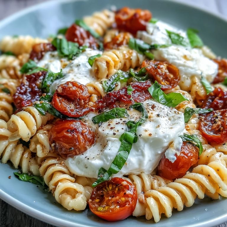Bright Caprese pasta with burrata, cherry tomatoes, and basil, drizzled with olive oil for a light yet indulgent dinner.